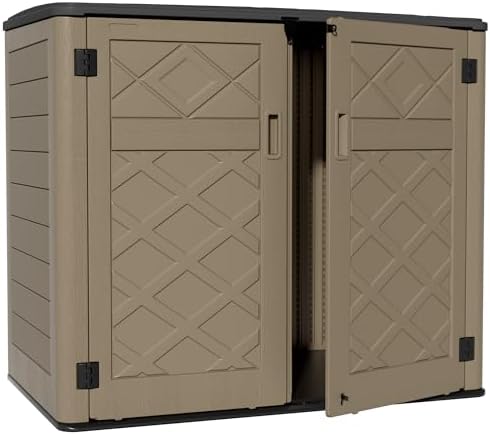 ZZM Large Outdoor Storage Shed, 48 Cu Ft Resin Versatile Storage Cabinet for Patio Accessories, Trash Cans & Garden Tools, Durable Horizontal Storage Box with Lockable Lid (Coffee)