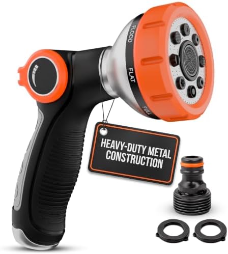 Metal Hose Sprayer Nozzle, 8 Spray Patterns, Flow Control, Black & Orange