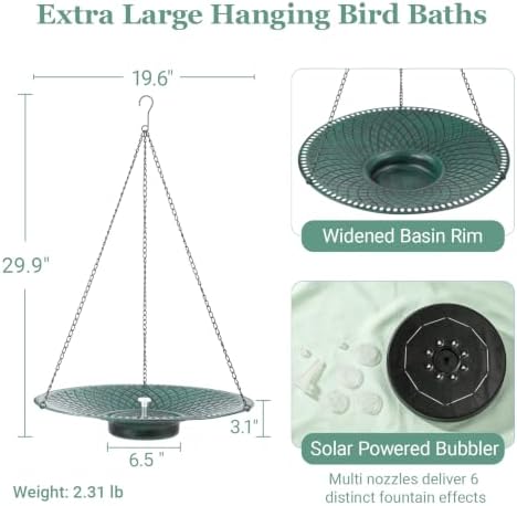 19.6" Hanging Bird Bath with Solar Fountain, LED & Battery Large Birdbath
