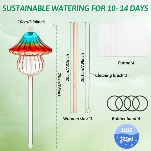 11 oz Large Plant Watering Globes Mushroom, Gradient Color Glass Watering Bulbs, Self Watering Planter Insert, Self Watering Globes - Vacation Plant Watering Devices for Travel (Large 4-Pack)