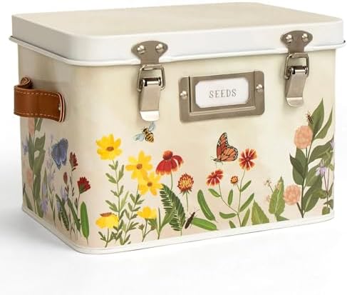 Wildflower Botanicals Tin Seed Organizer Storage Box, Garden Seed Packet Vault Container, Gardening Supplies, Greenhouse Accessories, Gardening Gifts for Women