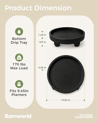 Bamworld Plant Caddy with Wheels 10 Inch Heavy Duty Plastic Rolling Plant Stand with Wheels, Plant Dolly with Non-Slip Base & Bottom Drip Tray for Indoor Outdoor (2 Pack ) Black