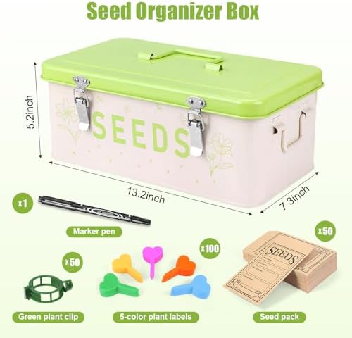 Seed Storage Organizer Box – Large Metal Seed Box with Dividers, 50 Envelopes, 100 Plant Labels, 50 Clips & Marker Pen | Seed Packet Container for Garden