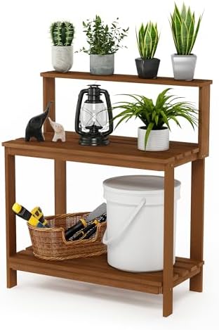 Furinno TIOMAN Potting Bench with Storage, Outdoor Potting Bench Table, Garden Workstation, with Shelves for Gardening, Potting, Planting, Light Wood