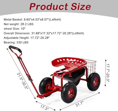 VINGLI Rolling Garden Seat with Wheels, Heavy-Duty Steel Cart for Yard Work and Planting, Best Gardening Tools with 360-Degree Swivel, Red