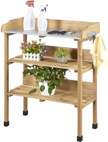 Outdoor Potting Bench Table with Storage Shelf, Natural Wood Garden Workstation for Plants, Natural Wood