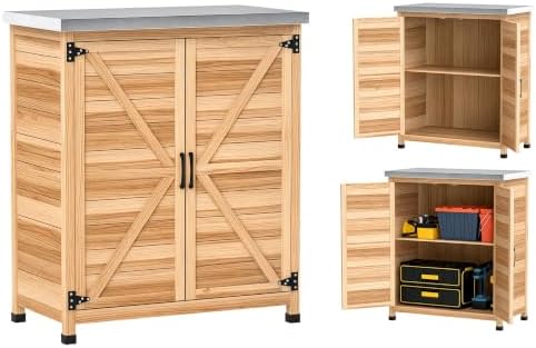 Outsunny Outdoor Storage Cabinet with Metal Tabletop Shelves Natural Wood