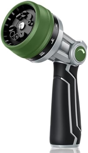 RAINPOINT Full-Metal Garden Hose Nozzle, Heavy Duty Water Hose Nozzle Sprayer With 10 Adjustable Patterns & High Flow,Thumb Control For Flow Adjustment, Ideal For Watering, Washing,Dark Green