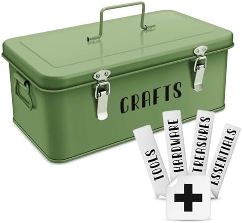 Flexzion Metal Storage Box w/ Lid & Labels, Craft Multipurpose Box, Green