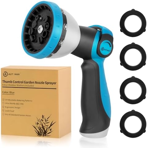 AUTOMAN Garden Hose Nozzle - 10 Adjustable Spray Patterns, Thumb Flow Control Hose Sprayer, Water Hose Spray Nozzle for Plants Watering, Car Washing, Window Cleaning, Pets Bathing, Outdoor Fun, Blue
