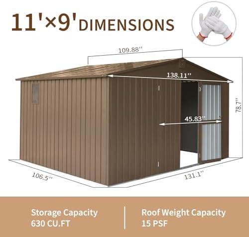 11x9ft Outdoor Storage Shed with Windows, Galvanized Steel Garden Shed, Lockable Double Doors and 16 Vents, Large Capacity Utility Tool Storage for Backyard Patio