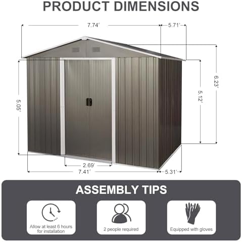 8 x 6 FT Outdoor Storage Shed, Metal Garden Shed with Floor Frame, Large Tool Shed Outdoor Storage with Lockable Sliding Doors & Air Vents, Storage House Waterproof for Backyard, Lawn, Gray