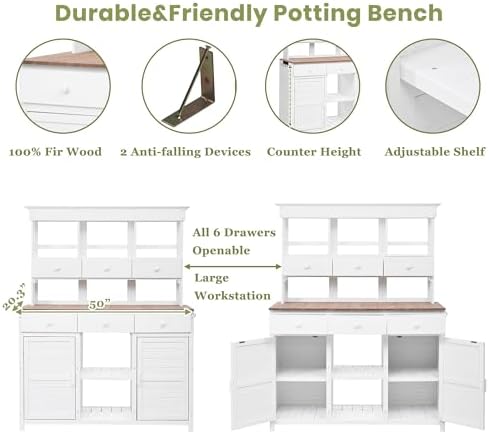 66 Inch Garden Potting Bench with 6 Drawers, White