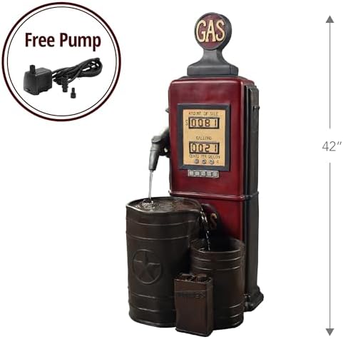 Peaktop Teamson Home Vintage Gas Station Statue 3 Tiered Floor Waterfall Fountain with Pump for Outdoor Patio Garden Backyard Decking, 42 Inch Height, Dark Red
