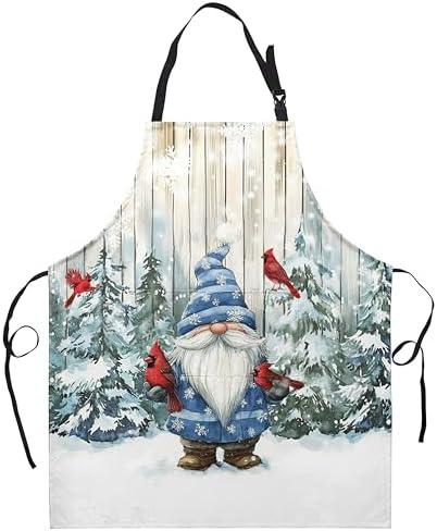 Blue Christmas Gnome Apron Gnome Cardinal Birds Kitchen Apron Winter Aprons with Adjustable Strap Snowy Trees Snowflakes Aprons with Two Pockets for Cooking Baking Crafting Painting