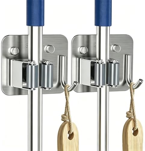 2 Pack Broom Holder Wall Mount, 304 Stainless Steel Mop Organizer with Hook