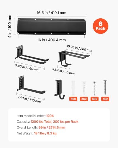 VEVOR Garage Tool Organizer 99 Inch 1200 lbs Wall Mount Garden Tool Rack, Heavy Duty Garage Hanging Storage Rack Organization with 6 Rails and 16 Adjustable Hooks, for Yard Tools, Shovel, Rake, Shed