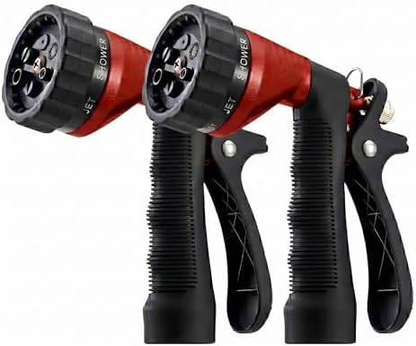 Water Hose Nozzle 2-Pack, Zinc Alloy Garden Spray Nozzle with Adjustable Spray Patterns, Leakproof Rustproof Trigger Lock for Outdoor Cleaning & Car Wash, Red & Red
