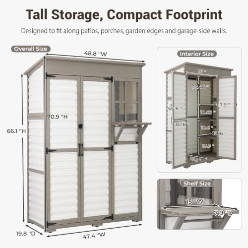 Outdoor Storage Cabinet, Fold-Down Shelf, 3 Shelves, 6 Hooks