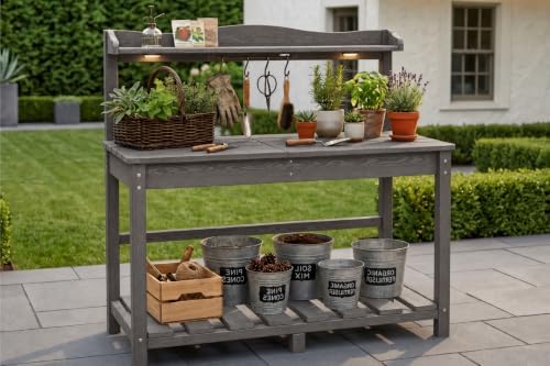 All-Weather HDPE Outdoor Potting Bench 2-Piece Set with Removable Sink, Expandable Gardening Work Station with Sliding Tabletop, Built-in Wheels, Heavy Duty Planting Table, Gray