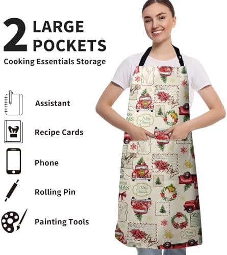 Christmas Trucks Kitchen Aprons Red Flower Aprons with Pockets & Adjustable Strap Xmas Tree Apron Waterproof Vintage Jingle Bell Aprons for Holiday Adults Baking Cooking