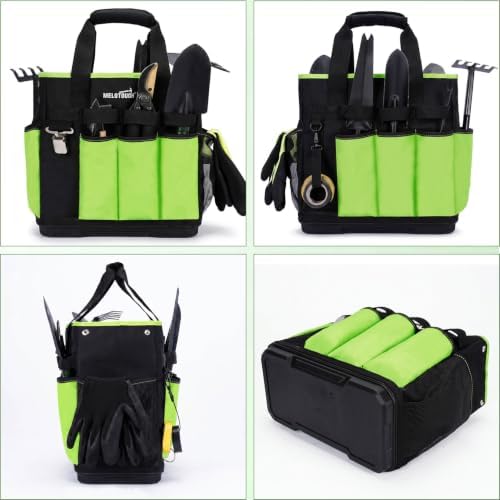 MELOTOUGH 12 Pockets Garden Tool Bag with Hard Bottom, Garden Caddy, Green