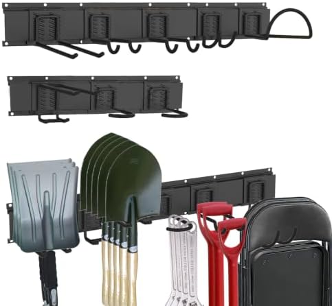 Garage Tool Organizer Wall Mount, 64 Inch Heavy Duty Garden Tool Organizer Storage System, Easy Install with 8 Adjustable Bike Hooks, for Garage, Basement, Shed, Workshop, Black, Steel