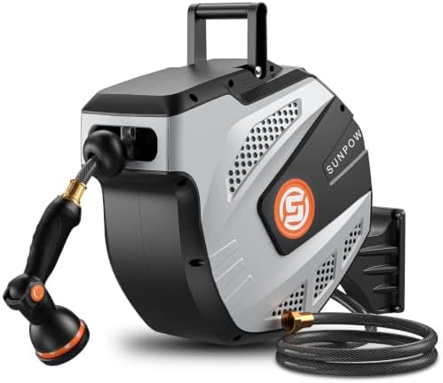 SUNPOW Retractable Garden Hose Reel - 1/2 inch x 50ft Heavy Duty Wall Mounted Hose Reel with 3/4 inch Brass Fitting & 10 Sprayer Nozzle - Any Length Lock, Auto Rewind System, 180°Swivel Bracket- Grey