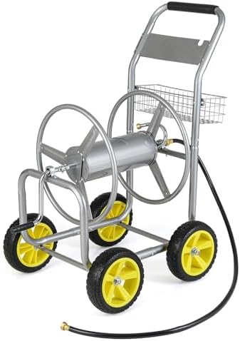 Goplus Garden Hose Reel Cart, 300 ft 5/8" or 400 ft 1/2", Heavy-Duty Metal Hose Cart w/ 4 Wheels, Storage Basket, Portable Water Hose Organizer for Yard Planting Lawn