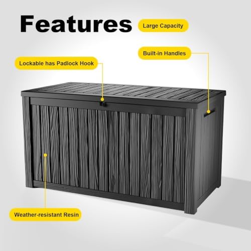 200 Gallon Resin Deck Box, Lockable Outdoor Storage, Black