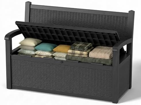 100-Gallon Lockable Outdoor Storage Bench, Waterproof Outdoor Deck Storage Box, Resin Patio Deck Bench with Rattan Texture & Hidden Storage, All-Weather Deck Box for Patio, Black