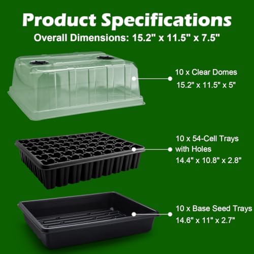RooTrimmer 10-Pack Seed Starter Trays with 5" Tall Dome & 54-Cell Plug Tray