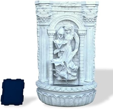 XBrand 30.3" Solar-Powered Wall Mounted Water Fountain with Maiden & Floral Detail, Tiered Waterfall Design for Garden, Yard or Courtyard, Durable Polyresin, Antique Stone