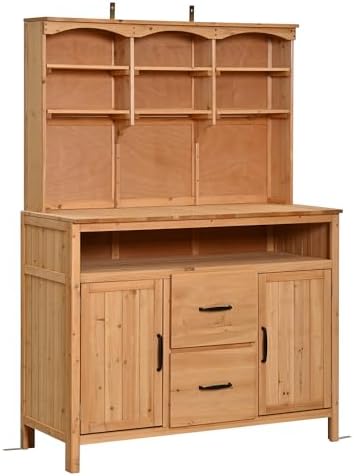 Large Fir Wood Potting Bench, 45.3''L Multi-Functional Outdoor Patio Kitchen Island with Hutch,Drawers & Hooks, Large Countertop for Gardening, Grill (Natural-h)