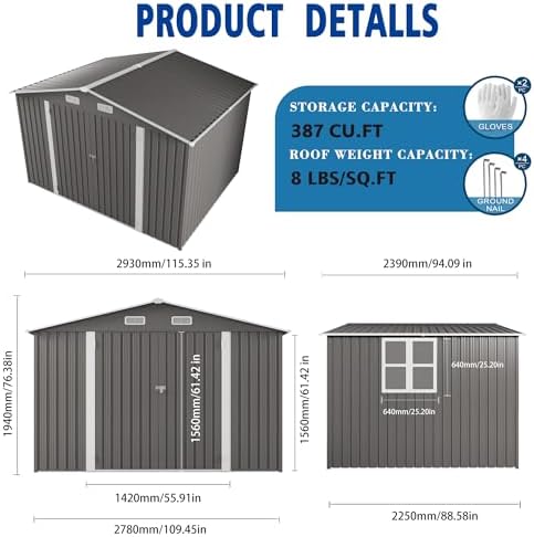 120"x96"x76.4" Metal Storage Shed Outdoor Garden Tool Shed, Galvanized Steel Lockable Backyard Organizer, Double Door Utility Shed with Windows for Lawn Equipment, Bikes, Patio & Backyard Storage