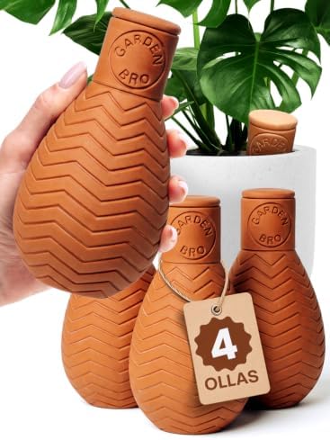 4 Pc Ollas Terracotta Watering Pots Large - 14 Oz Terracotta Self Watering Globes for 1-Week Easy to Refill - Clay Garden Olla Pots Plant Waterers While On Vacation Outdoor & Indoor [14oz Textured]