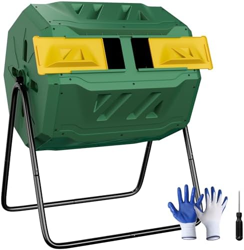 F2C Compost Bin Outdoor Dual Chamber Tumbling Composter 43 Gallon BPA Free Large Tumbler Composters Tumbling or Rotating w/Sliding Doors & Solid Steel Frame Garden Yard Black