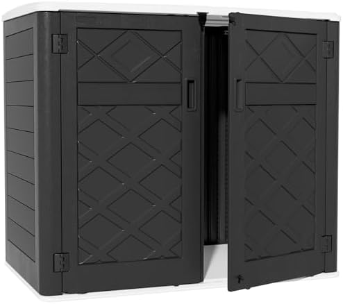 ZZM Large Outdoor Storage Shed, 48 Cu Ft Resin Versatile Storage Cabinet for Patio Accessories, Trash Cans & Garden Tools, Durable Horizontal Storage Box with Lockable Lid (Black)
