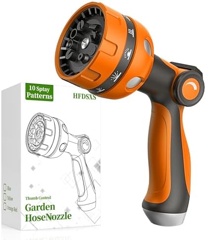 Garden Hose Nozzle, Heavy Duty Water Hose High Pressure Sprayer with 10 Watering Patterns, Thumb Control On Off Valve, for Watering outdoor Plants & Lawn, Car & Pet Washing-(Orange Red)