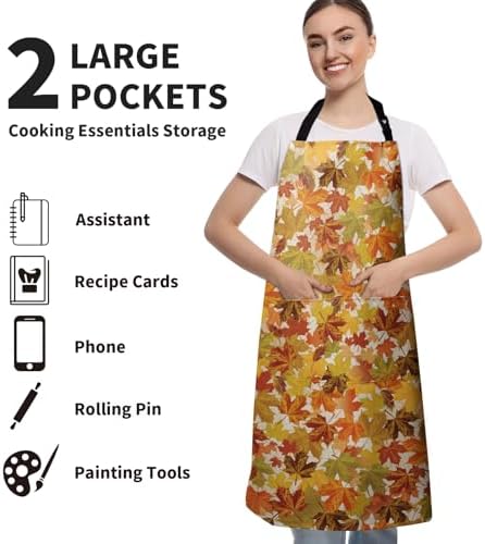 Fall Aprons Colorful Maple Leaves Kitchen Apron With 2 Pockets Autumn Burnt Orange Red Maple Leaf Cooking Apron With Adjustable Neck Strap for Baking Crafting Gardening