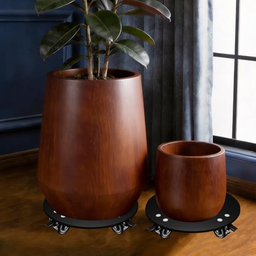 KAXIWEI Plant Caddy with Wheels, Heavy Duty Aluminum Plant Stand, 3.0mm Thick Rolling Plant Dolly Supports up to 500 lbs, Fits 12 Inch Pots for Indoor Outdoor Patio Garden, Black