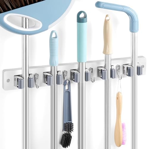 White Broom Holder Wall Mount - Heavy Duty Wood Mop and Broom Organizer with 5 Slots & 4 Hooks - Garden Tool Hanger for Laundry Room Closet Kitchen Garage Storage and Organization - Modern Home Decor