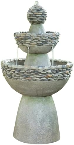 Teamson Home 36.5 in. Outdoor 3-Tier Zen-Style Pedestal Water Fountain in. with Stone Trim with Pump and 2.64 Gallon Capacity, Stone Gray