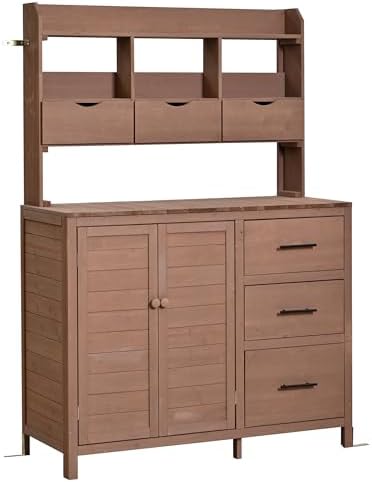 Farmhouse Patio Potting Bench,Large Freestanding Garden Workstation with 6 Drawers, Bottom Storage and Side Hook,Outdoor Kitchen Island (Brown-s)