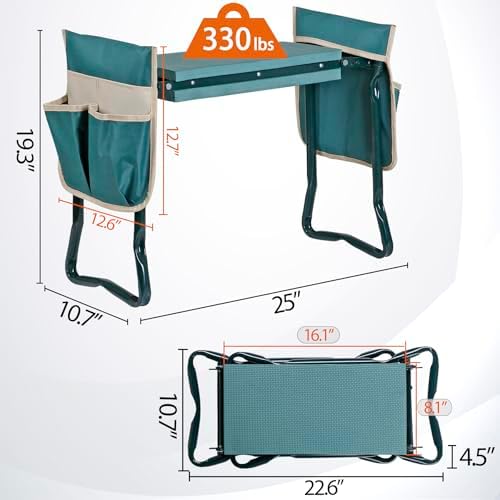 8" Wide Garden Kneeler Seat, Folding Garden Bench Stool with Two Tool Multi-use Pouches, Heavy Duty Yard Gardening Chair with Soft Kneeling Pad, Green