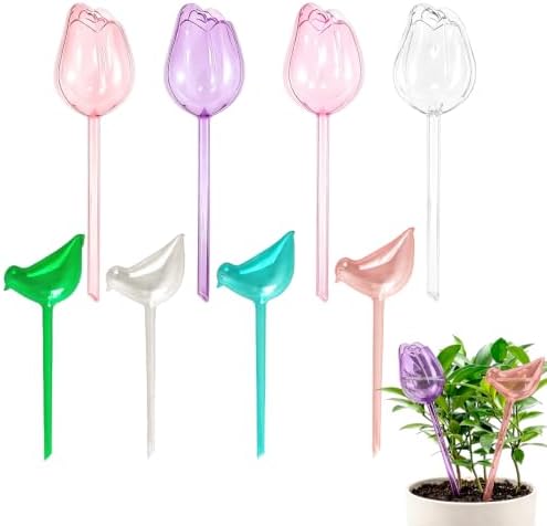 4Pcs Tulip Self Watering Globes Bulbs, 4Pcs Self Watering Globes Bird Shape, Self Water Globe for Indoor Outdoor Plants, Plastic Plant Self Waterer Insert, Plant Care, Water Conservation Device