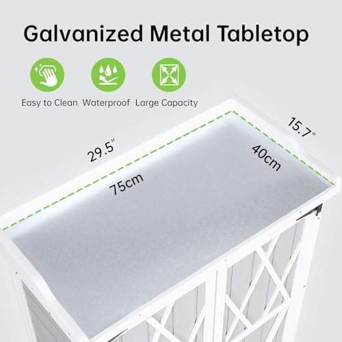 Outdoor Potting Bench with Metal Work Top,Waterproof Garden Storage Cabinet, Wooden Garden Work Bench with Adjustablev Shelves & Double Doors for Backyard, Patio, Lawn Gardening,White Grey