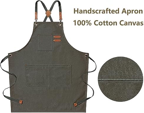 AFUN Chef Aprons for Men Women with Oversized Pockets, 16-Ounce Cotton Canvas Cross Back Heavy Duty Work Apron (Grey Green)