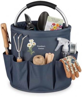 Personalized Gardening Tool Bag, Foldable Custom Birth Flower Garden Tote Organizer with Pockets, Gardening Gift for Mom Grandma Wife (Dark Blue)