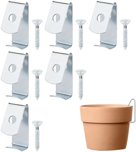 Cosmos Pack of 6 Flower Pot Clips Terracotta Pots Hangers Iron Pot Hanger Wall Hooks with Screws Holds Standard 5 to 8 inch Wall Clay Pots, Hanging on Tree Wall for Outdoor Garden Plant (Silver Tone)